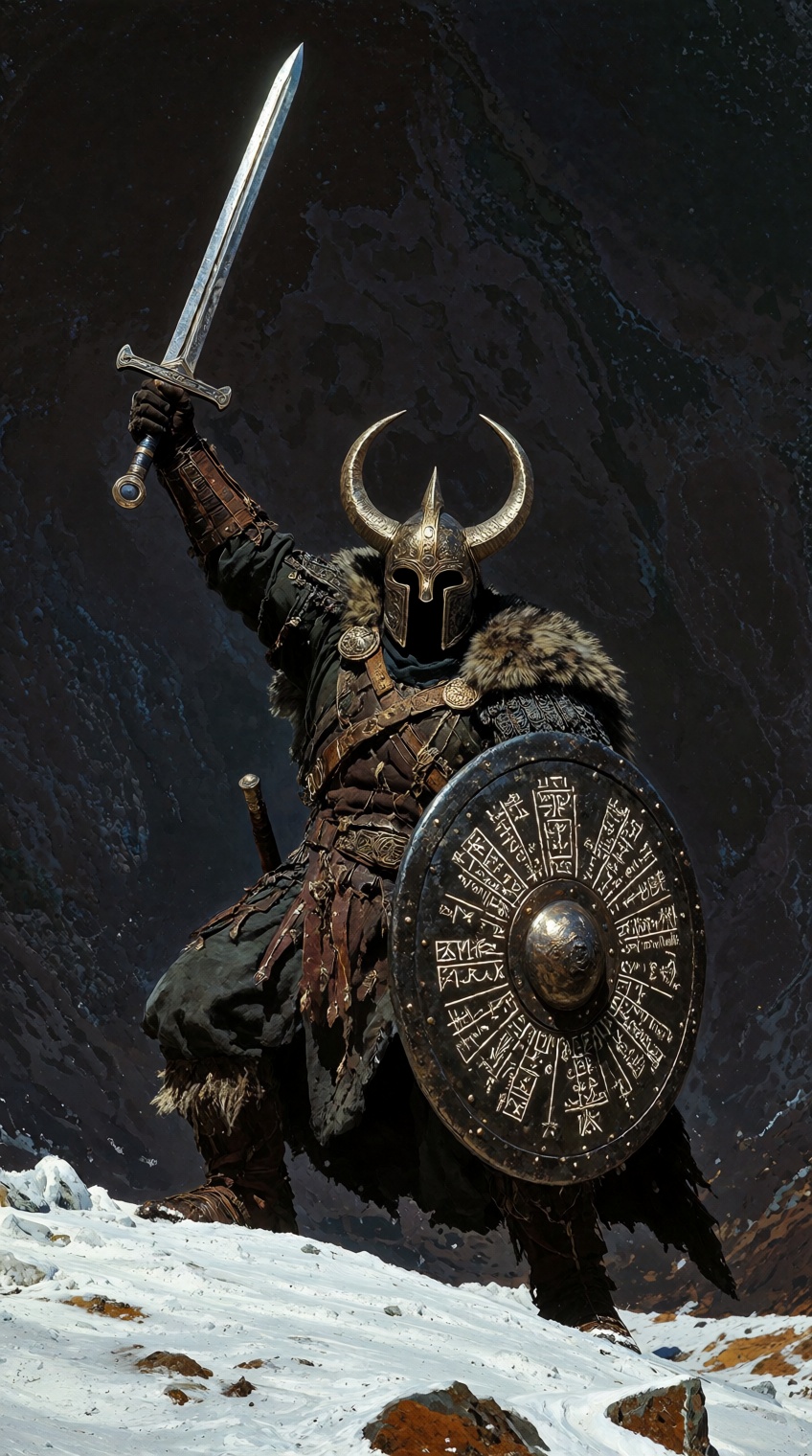 A lone warrior in horned armor stands defiantly on a patch of white snow,  raising a sword against a dark,  textured backd...
