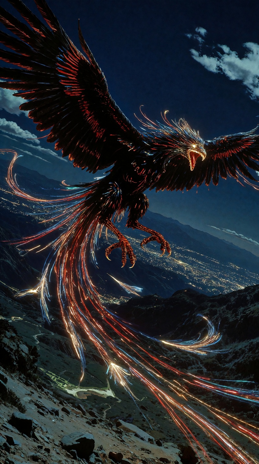 A digital illustration shoot from below about a majestic phoenix bird soaring over a mountainous landscape at night,  with...