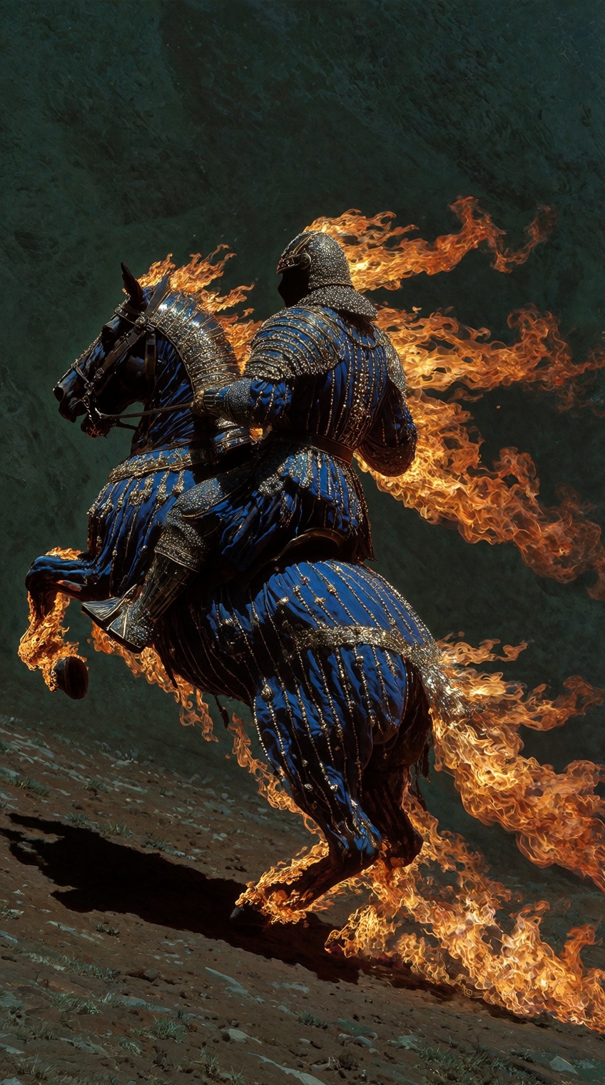 A dramatic digital illustration shoot from a low angle about a knight in shining armor riding a horse,  surrounded by flam...