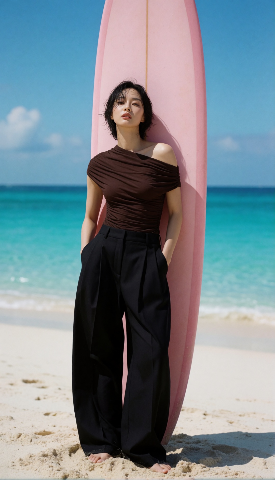 luxury beach fashion editorial,  young Korean woman with a wet tousled short black bob,  full bust on Tensor.Art