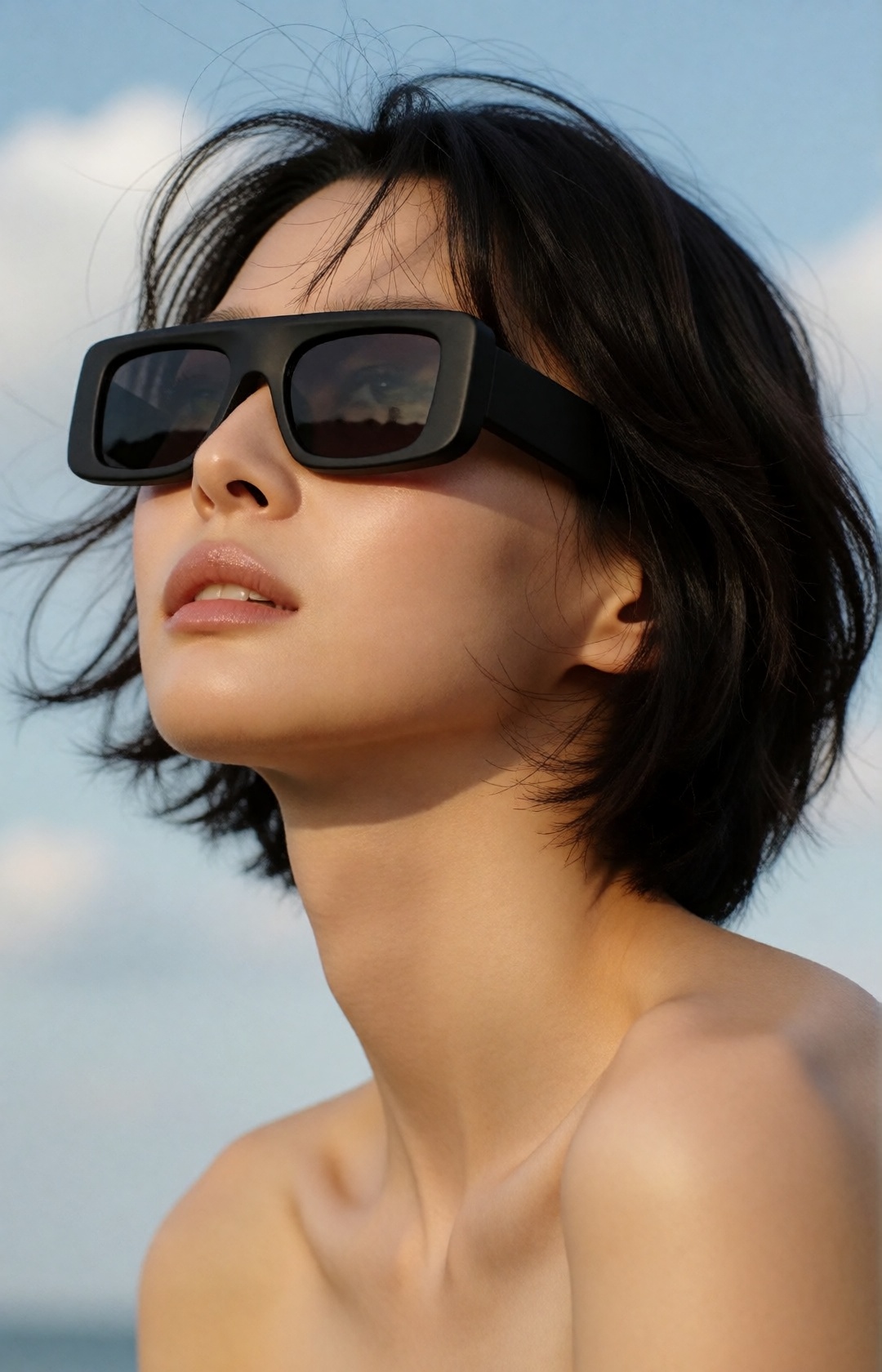 luxury fashion beauty editorial,  close-up portrait of a young Korean woman with a tousled short black bob,  loose windblo...