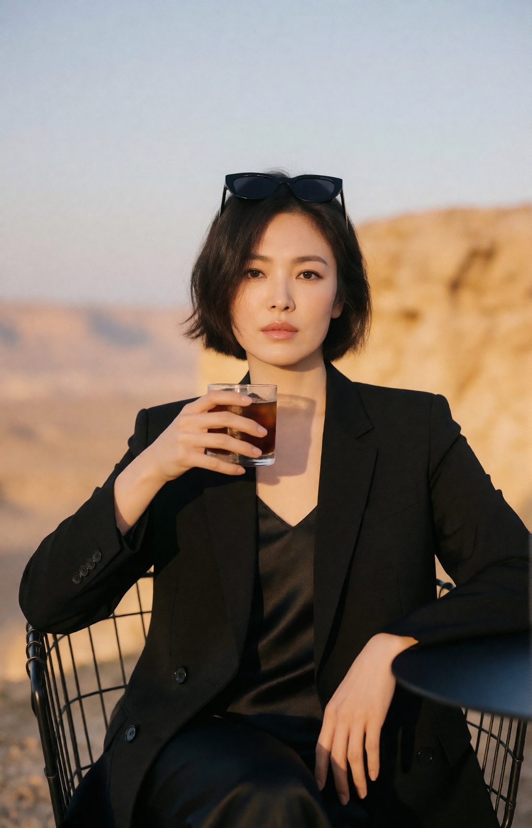desert cliff sky-terrace café at golden hour,  chic 20yo woman,  short tousled bob on Tensor.Art