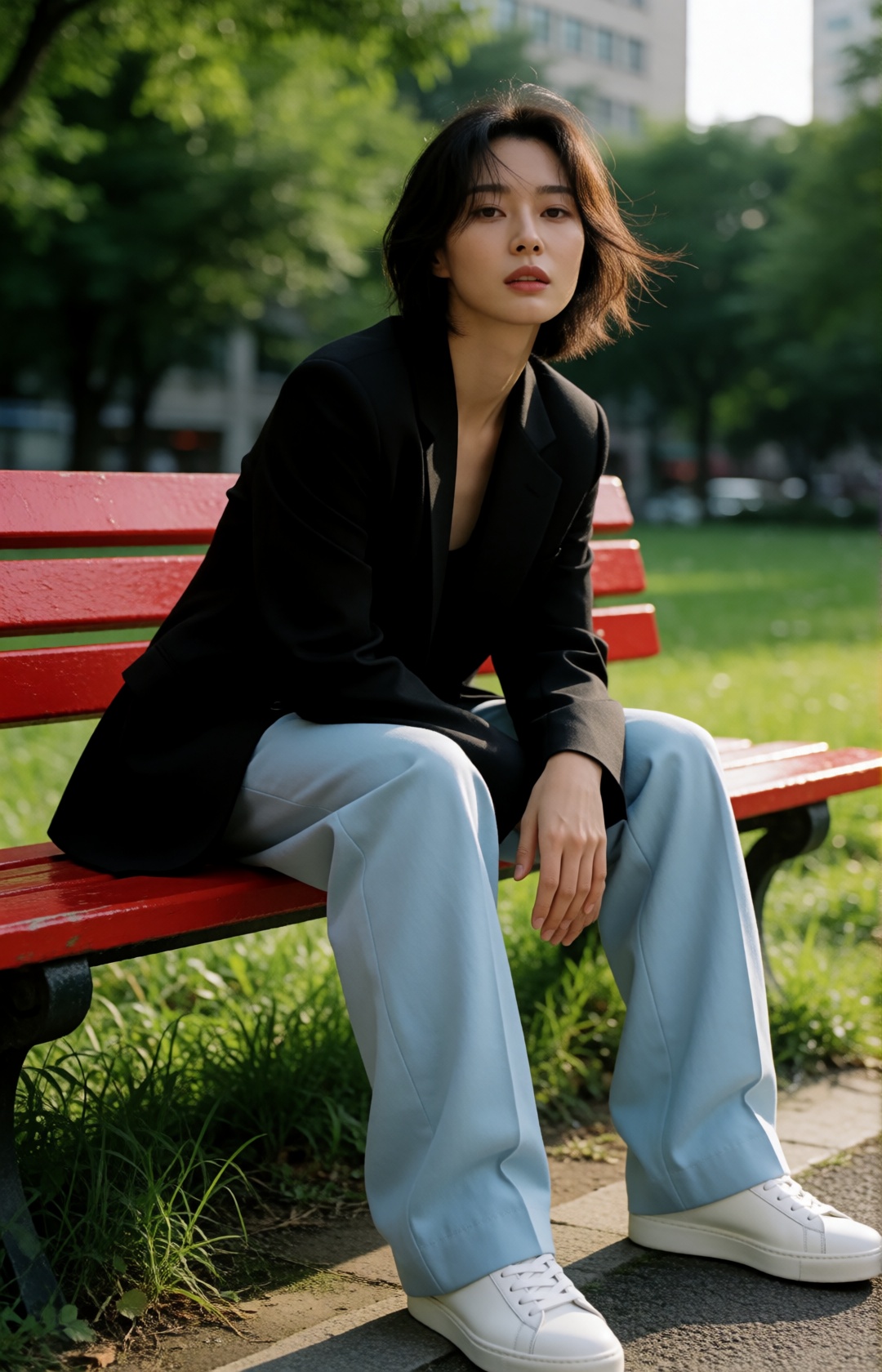 high fashion street editorial,  stunning young Korean woman sitting casually on a vivid red park bench,  slightly messy sl...