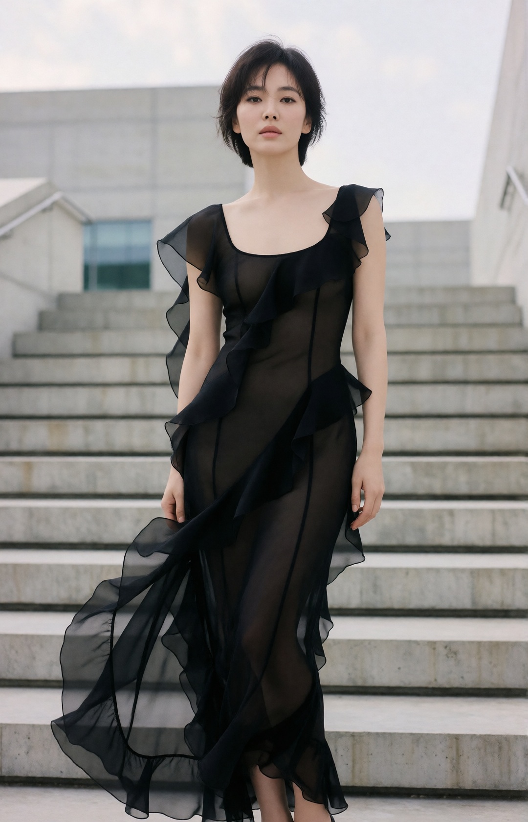 fashion editorial,  elegant young korean woman with slightly tousled short hair,  refined features on Tensor.Art
