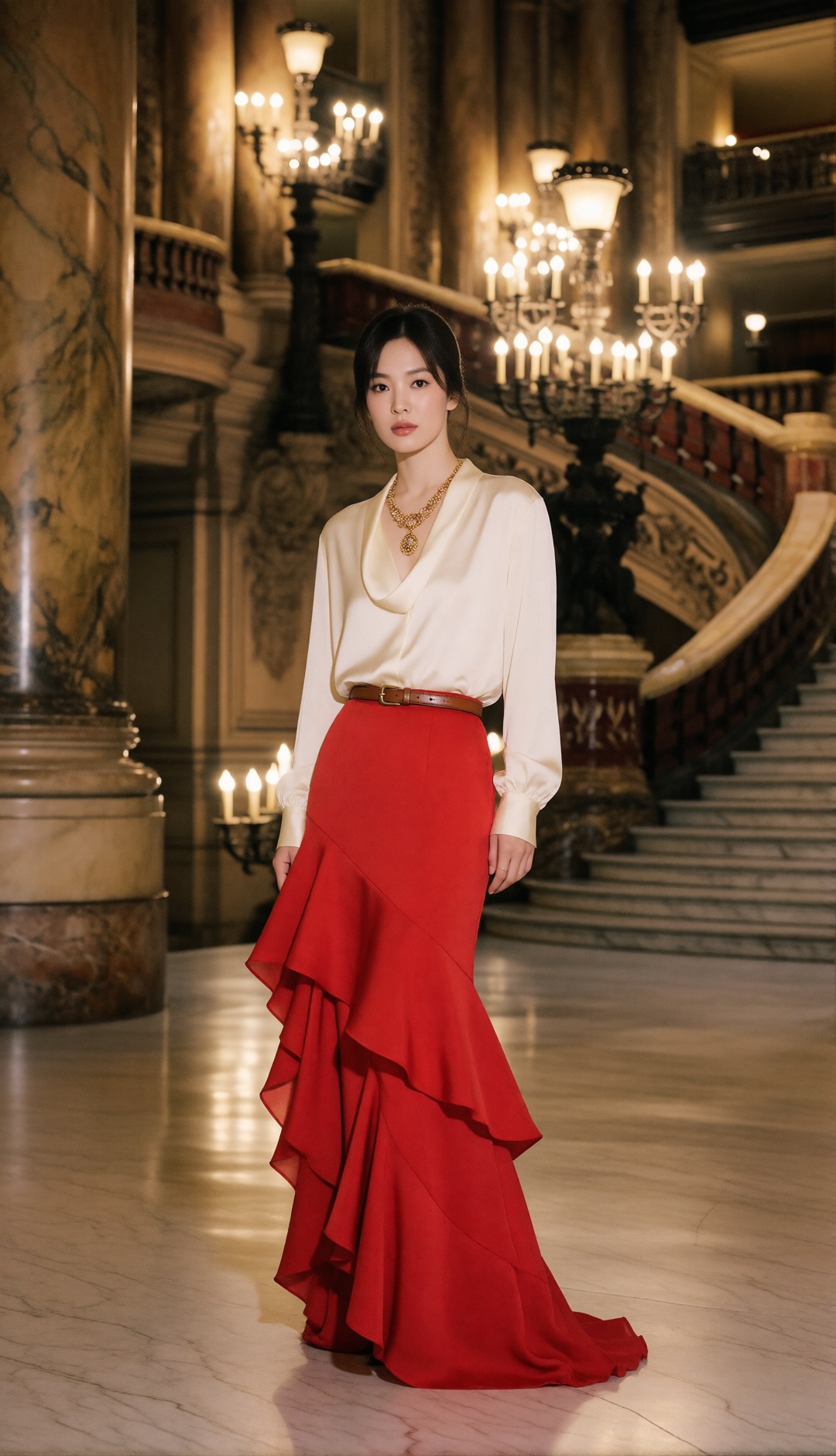 luxury evening fashion editorial,  strikingly beautiful young Korean woman,  wearing an elegant ivory silk blouse with a r...