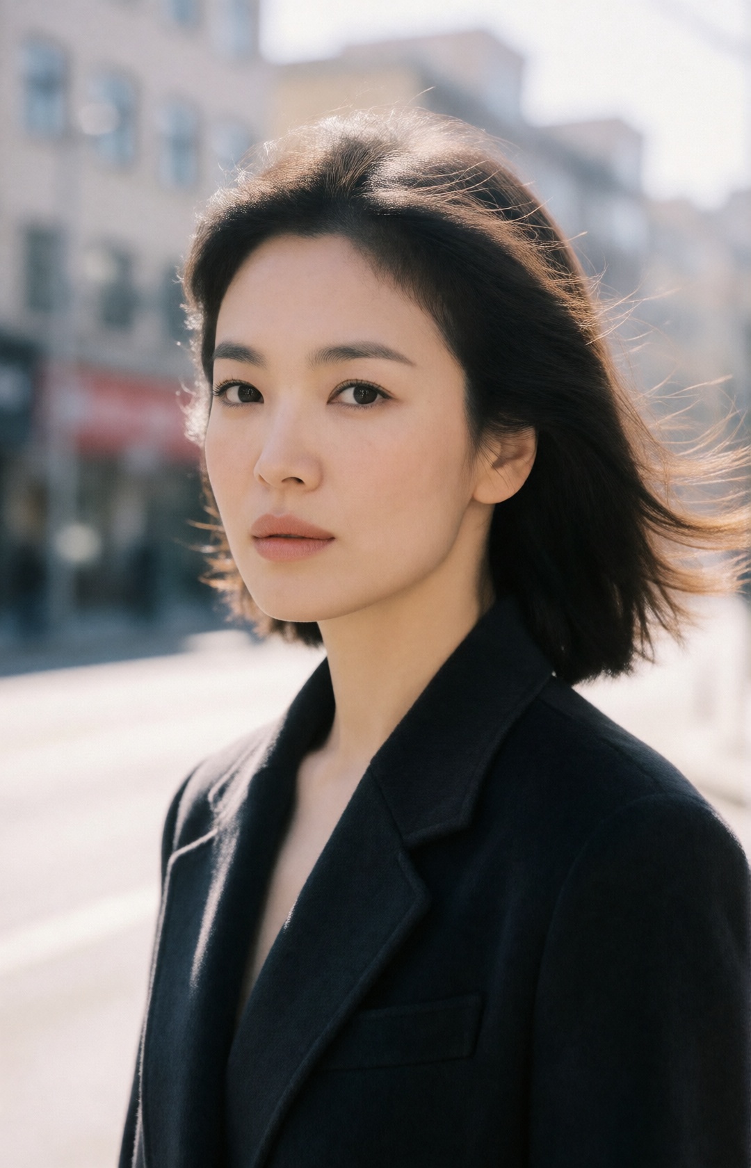 A realistic street portrait of a young woman on a breezy winter day,  hair gently moving in the wind,  dark cashmere coat...