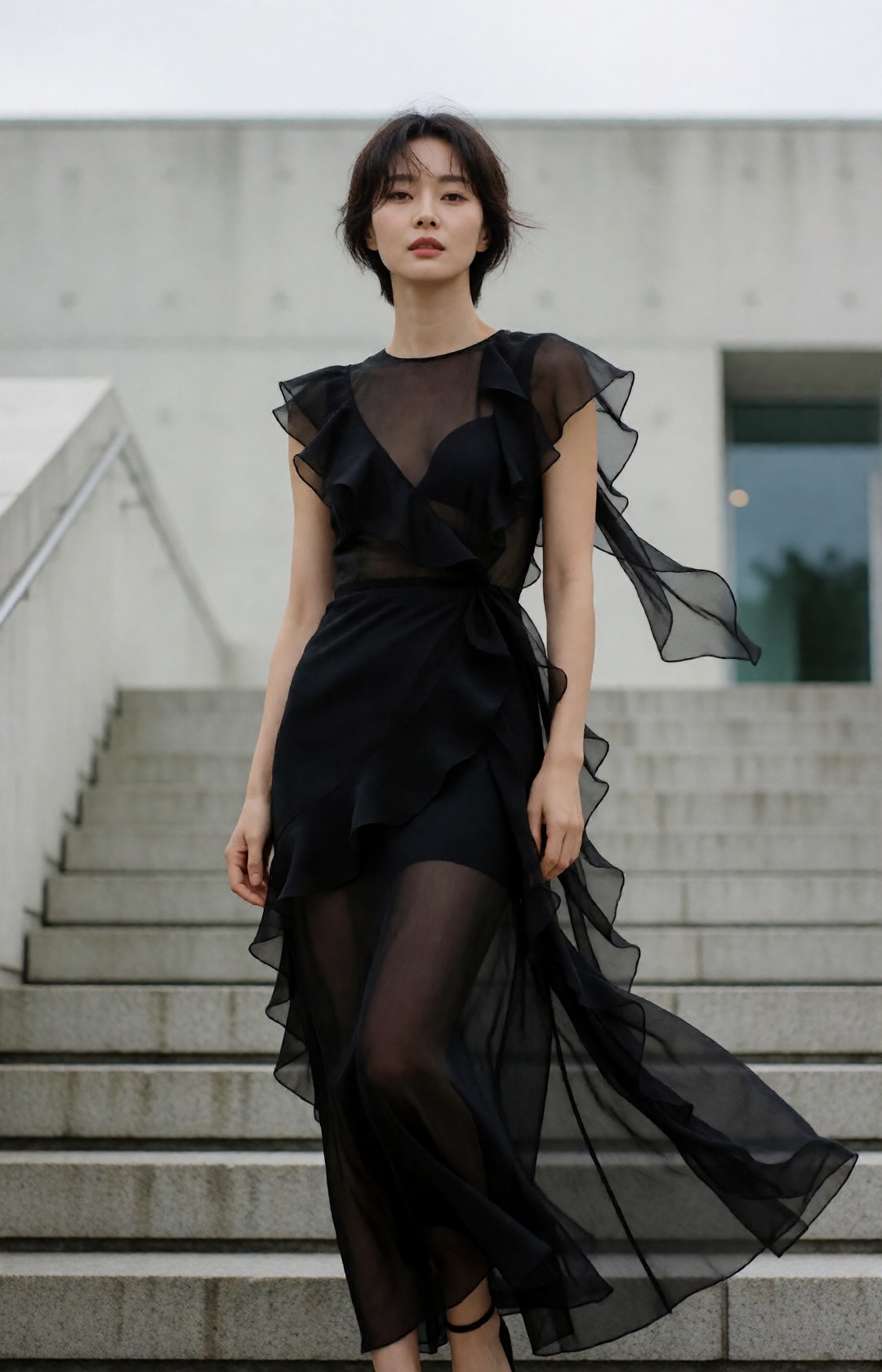 fashion editorial,  elegant young korean woman with slightly tousled short hair,  refined features on Tensor.Art
