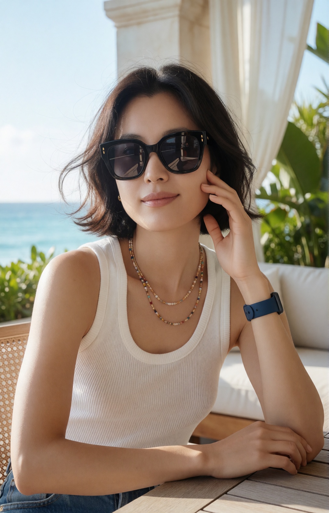 luxury beach resort fashion editorial portrait of a beautiful Korean woman,  upper-body focus,  glamorous full bust on Ten...