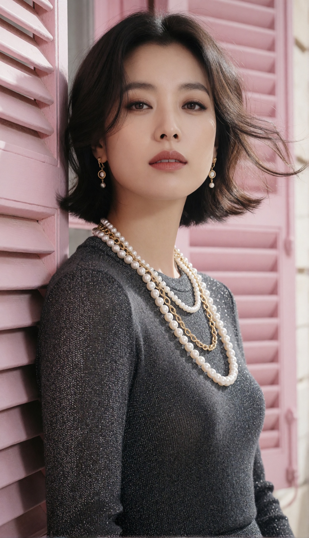 luxury beauty editorial portrait of a stunning Korean woman leaning softly beside pastel pink window shutters,  elegant up...