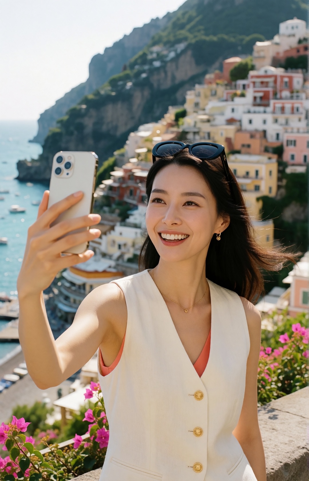 cinematic luxury travel lifestyle editorial,  upper-body close-up,  naturally elegant beautiful young Korean woman on Tens...