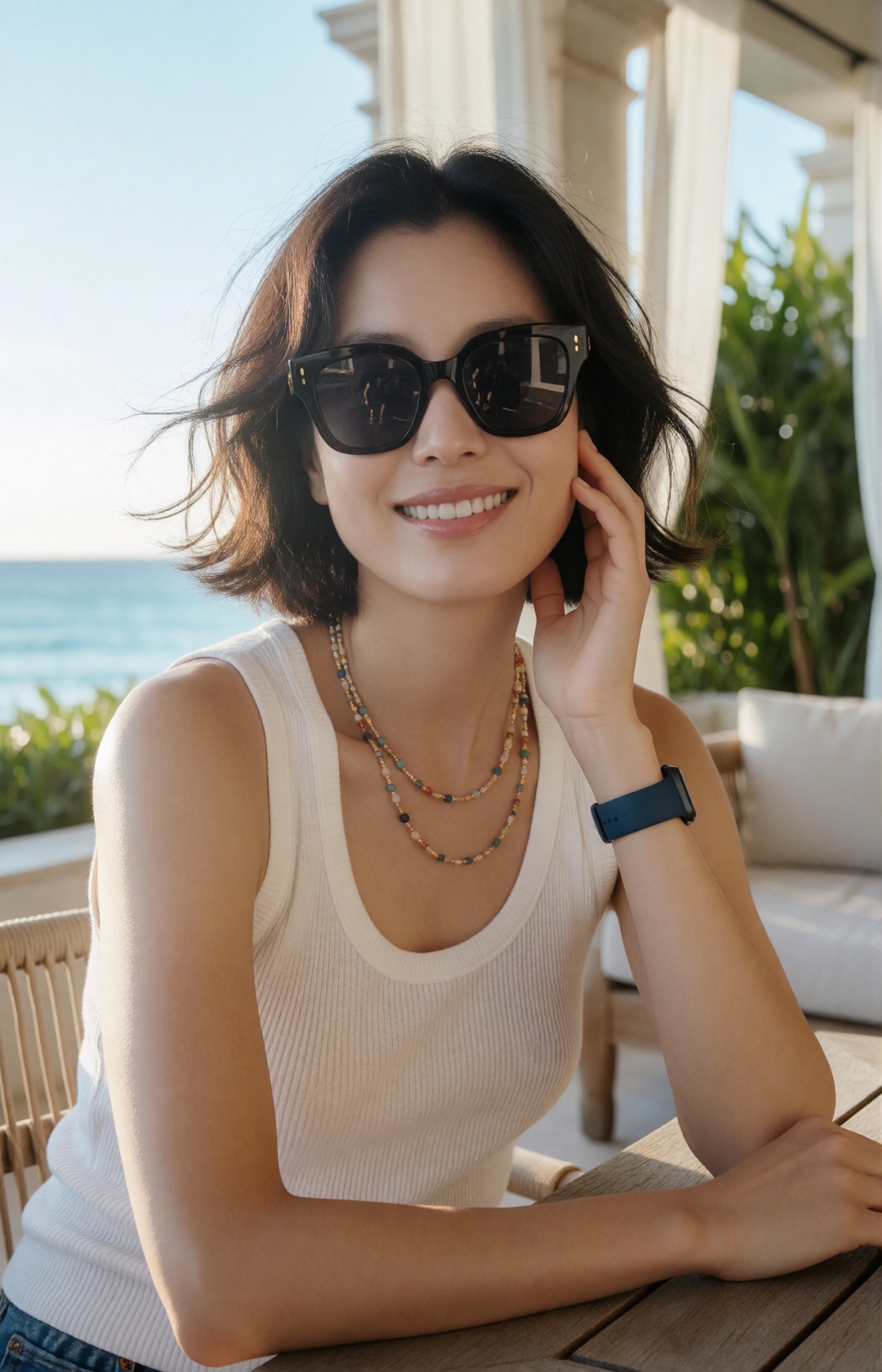 luxury beach resort fashion editorial portrait of a beautiful Korean woman,  upper-body focus,  glamorous full bust on Ten...