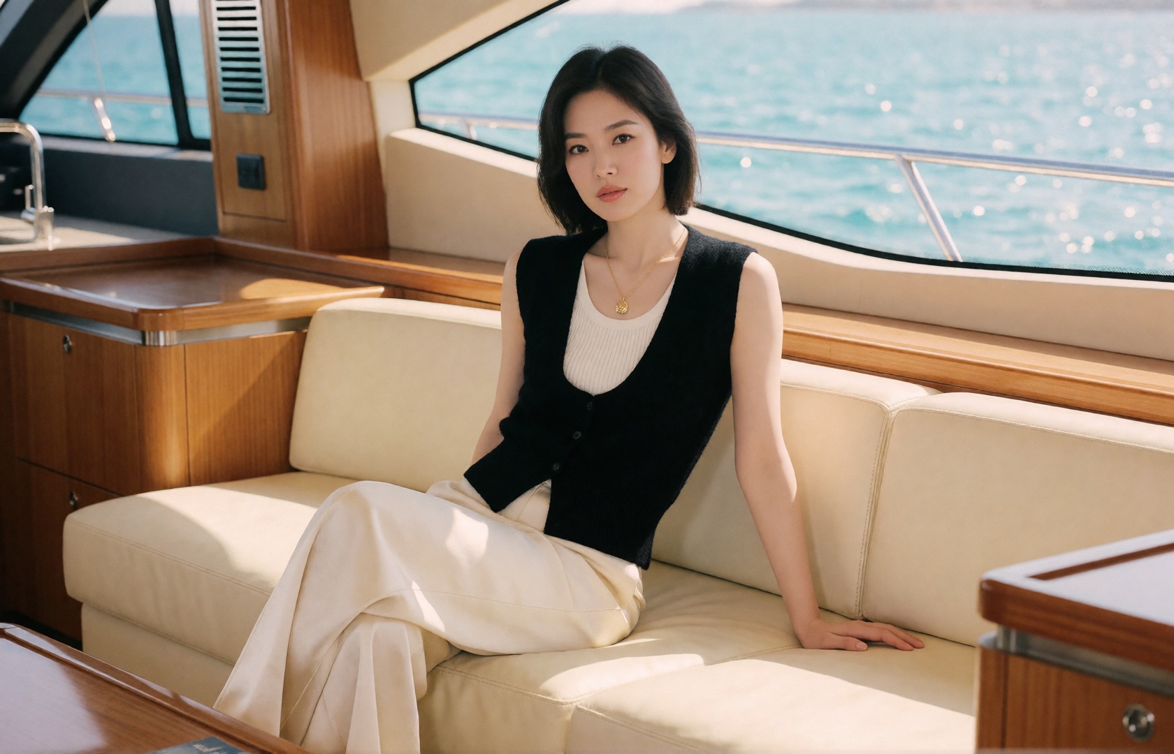 luxury yacht interior editorial,  strikingly beautiful young Korean woman,  captivating beauty on Tensor.Art