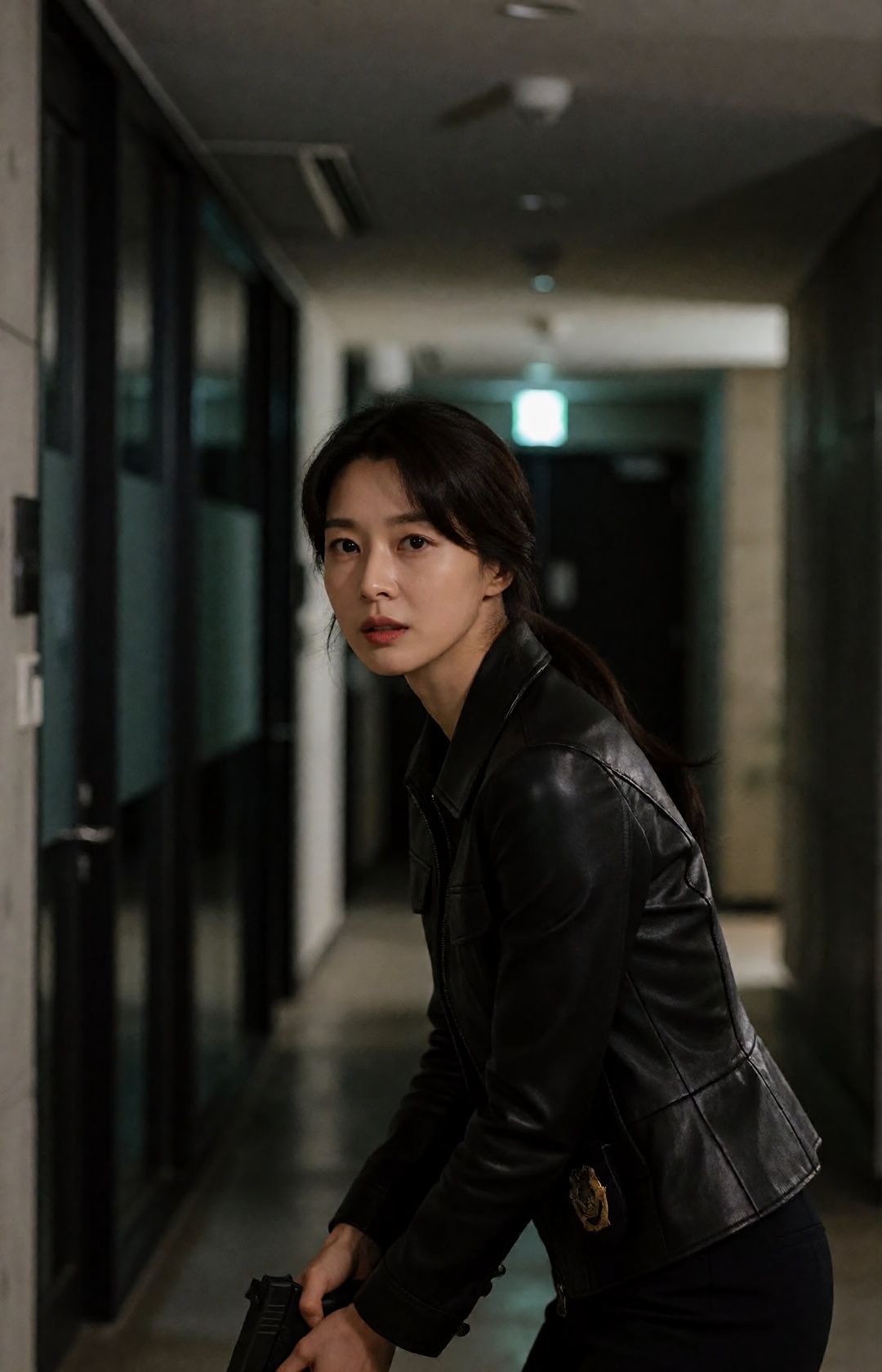 cinematic Korean crime-thriller scene,  naturally elegant beautiful young Korean woman,  exquisite harmonious facial propo...