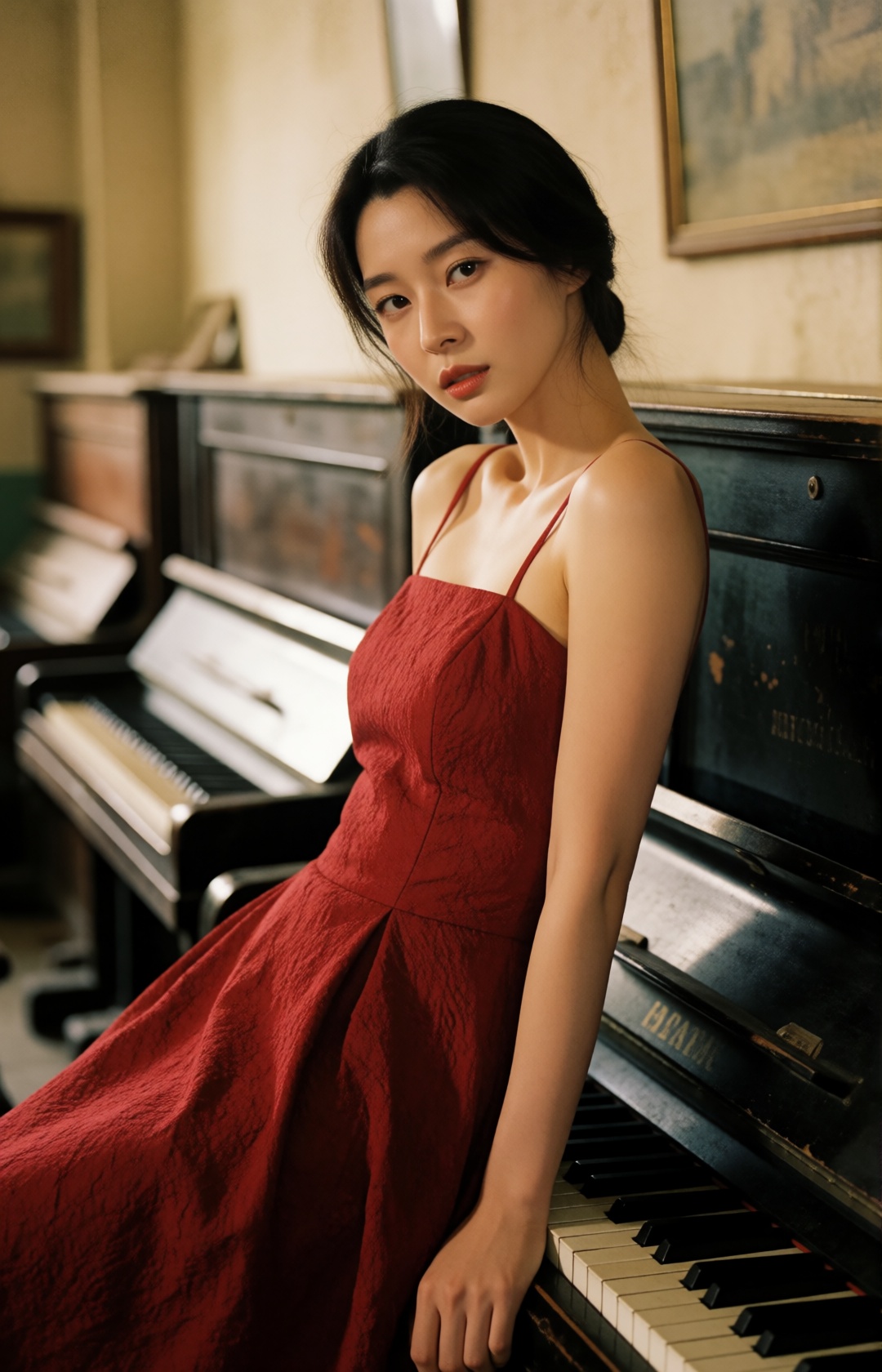 retro fashion editorial photograph of a beautiful young korean woman with sleek dark hair loosely framing her face,  sitti...