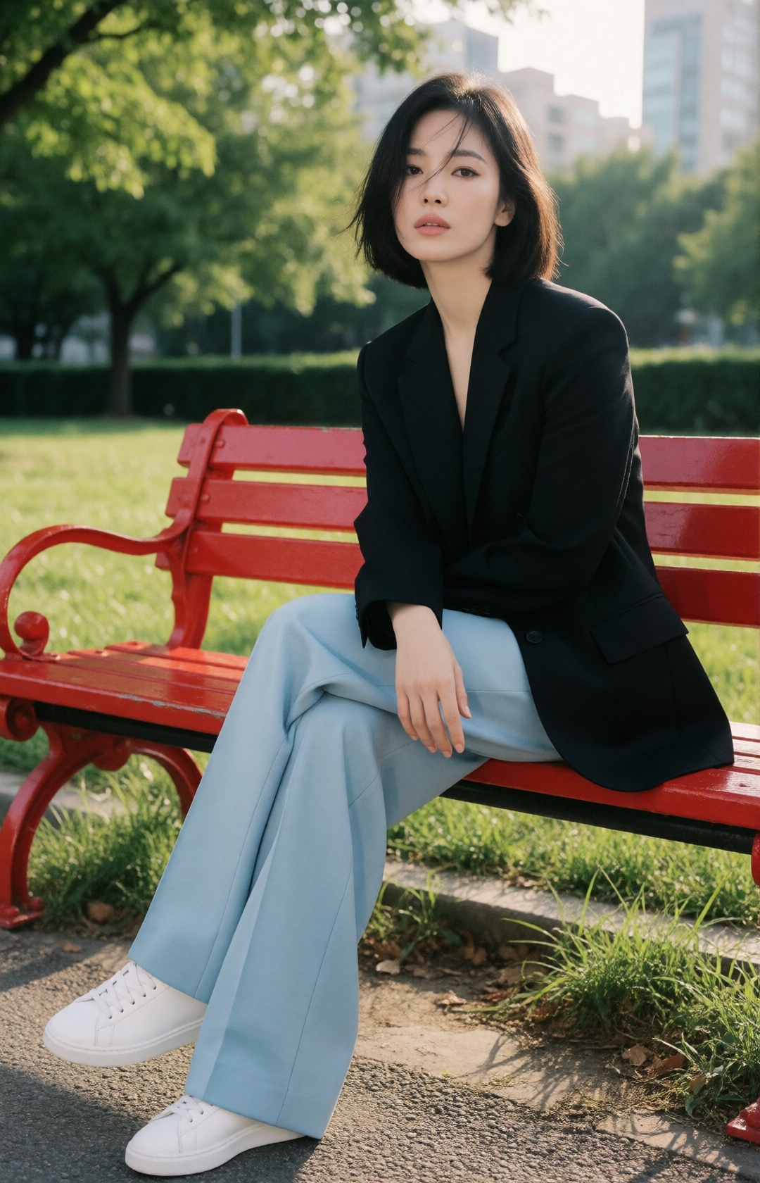 high fashion street editorial,  stunning young Korean woman sitting casually on a vivid red park bench,  slightly messy sl...