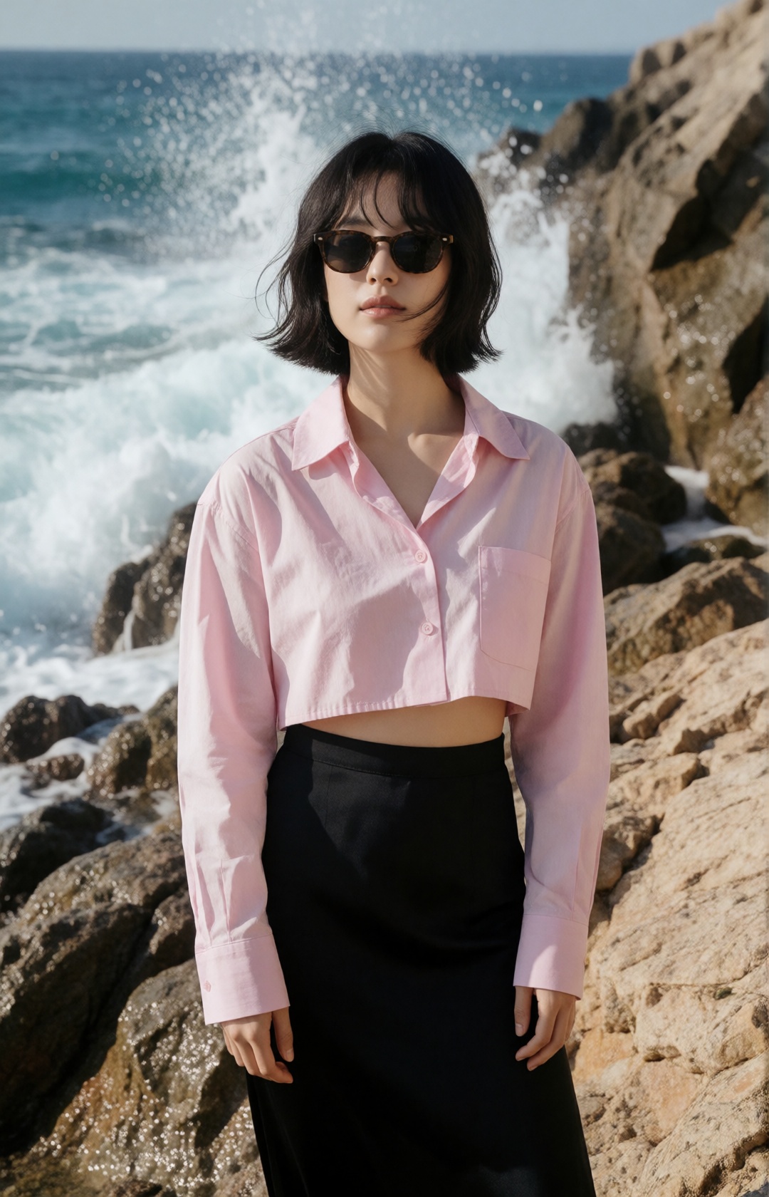 luxury fashion editorial photograph of a beautiful young korean woman with a slightly tousled sleek black bob haircut,  st...