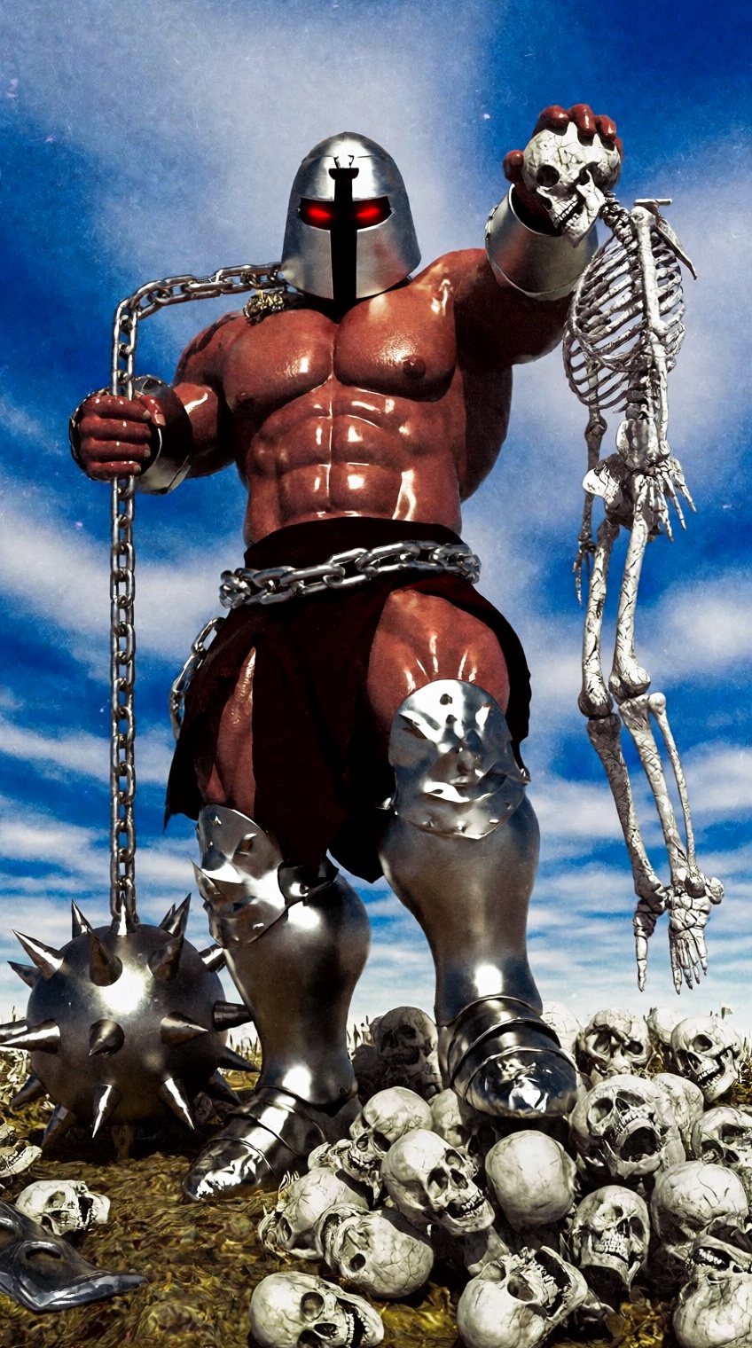 A hyper-muscular,  bare-chested warrior with glossy reddish-brown skin stands imposingly on a mound of human skulls under...