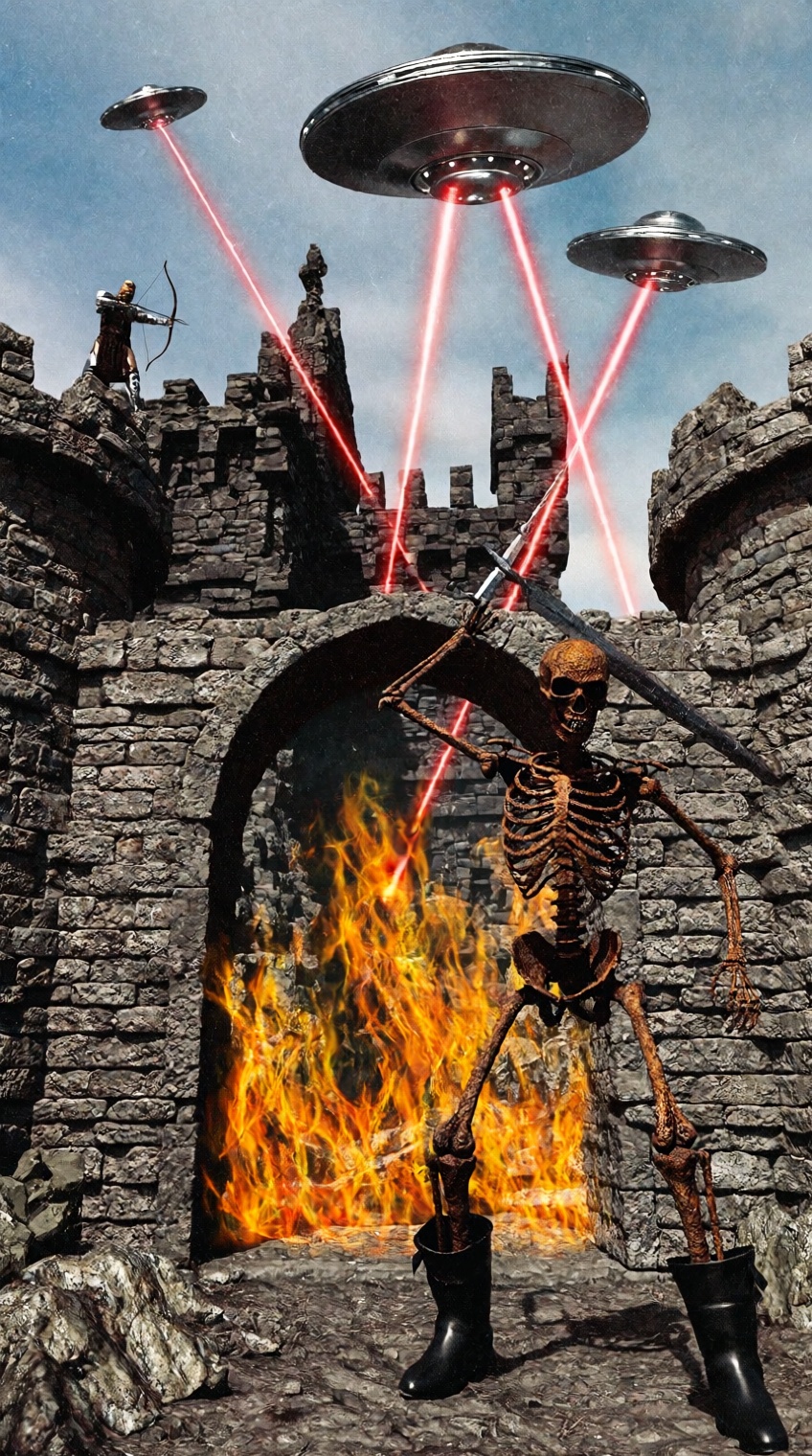 A weathered stone fortress with crenellated towers stands under a pale blue sky,  its arched gateway engulfed in vivid ora...