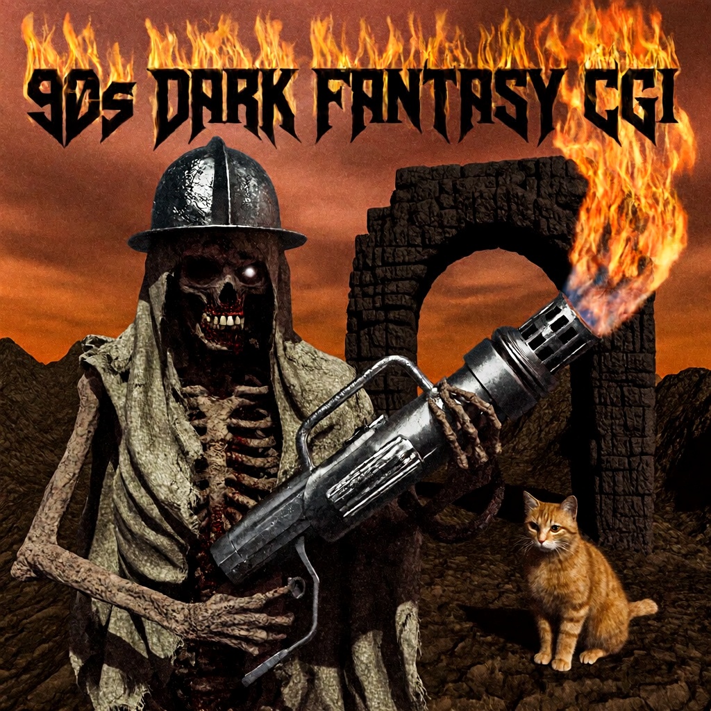 A desiccated,  skeletal figure stands in a barren wasteland under a fiery orange sky,  wearing a dented metal helmet and t...
