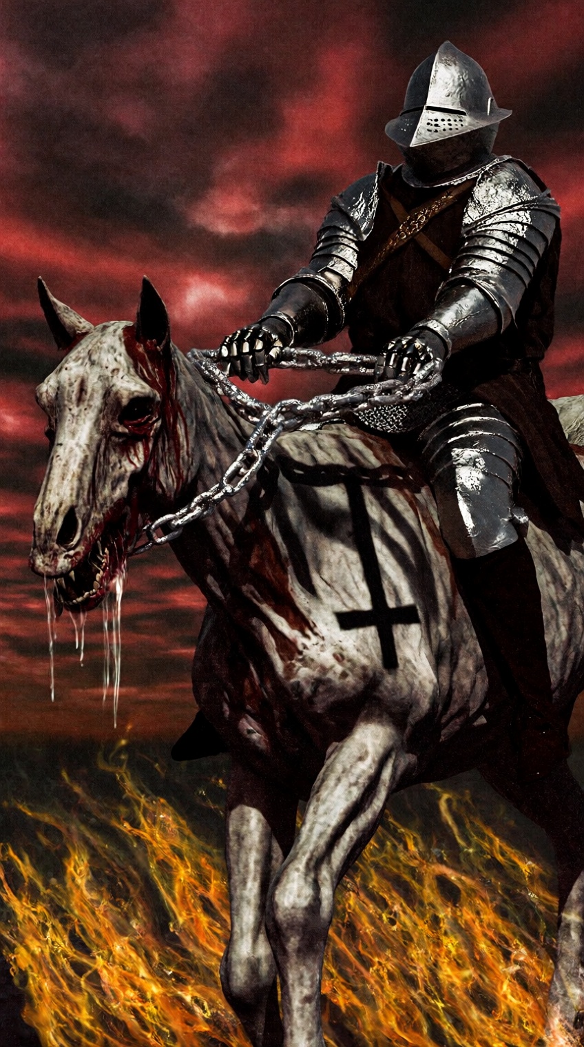 A heavily armored knight in dark,  weathered plate armor rides a gaunt,  skeletal horse across a field of roaring orange f...