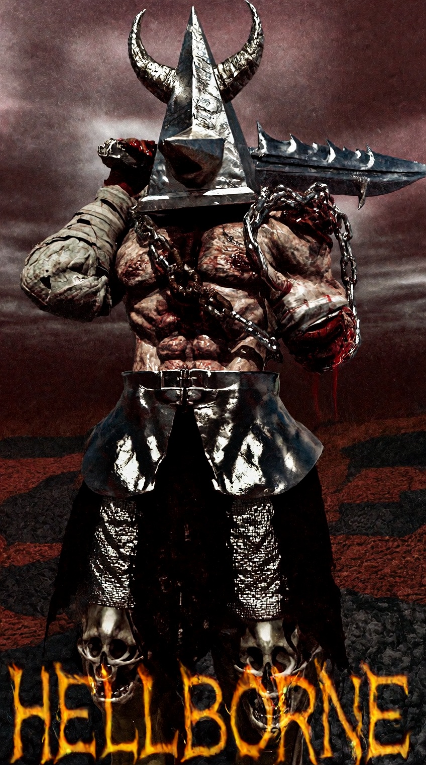 A grotesque,  muscular humanoid figure stands centered against a desolate,  reddish-brown wasteland under a stormy on Tens...