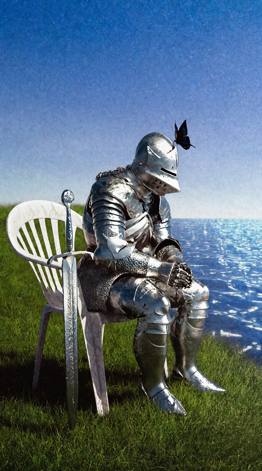 A knight in gleaming silver armor sits slumped on a white plastic garden chair atop a grassy cliff overlooking a vast,  sh...