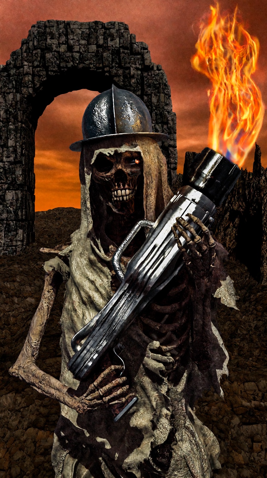 A desiccated,  skeletal figure stands in a barren wasteland under a fiery orange sky,  wearing a dented metal helmet and t...