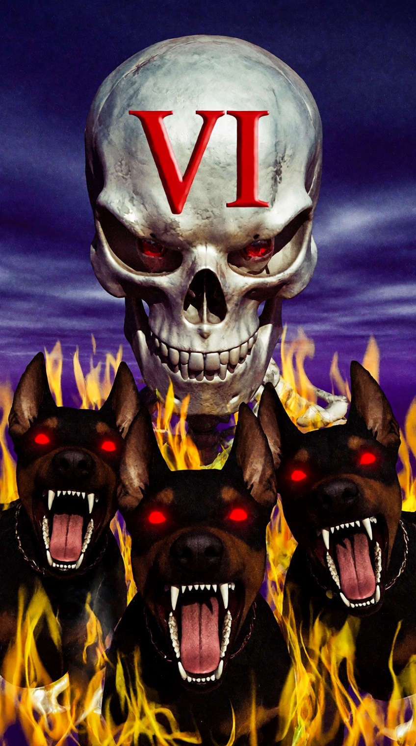A large,  metallic silver skull with glowing red eyes and the Roman numeral “VI” in bold red letters dominates the upper c...