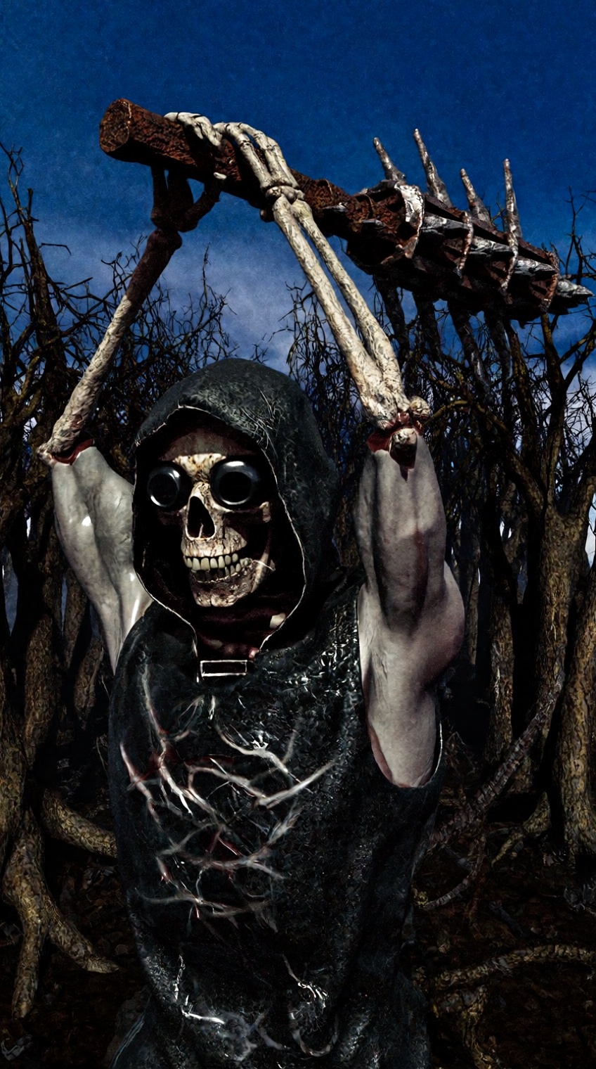 A skeletal figure with a grinning skull face,  dark goggles,  and a hooded on Tensor.Art
