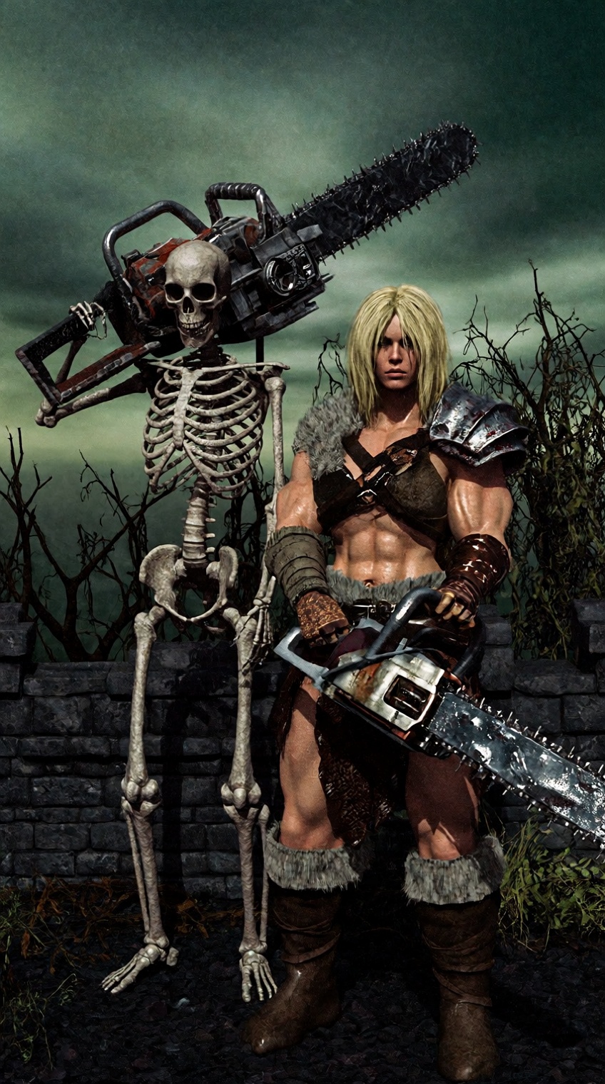 A human skeleton and a muscular,  blonde barbarian woman stand together in a desolate,  dark landscape under a hazy green...