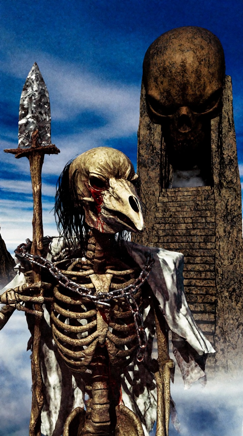 A skeletal figure with a bird-like skull,  dark stringy hair,  and tattered white cloth draped over its shoulders stands i...
