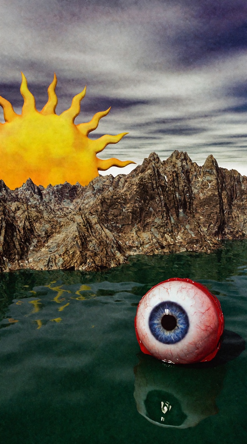 A large,  bloodshot eyeball with a blue iris floats on the smooth,  rippling surface of a dark green liquid. Behind the li...