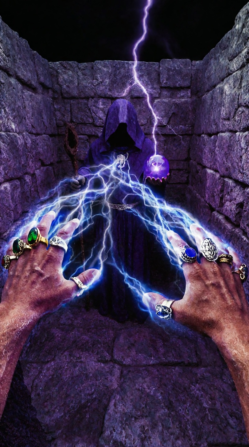 Two outstretched hands,  adorned with multiple ornate rings—including green,  blue on Tensor.Art