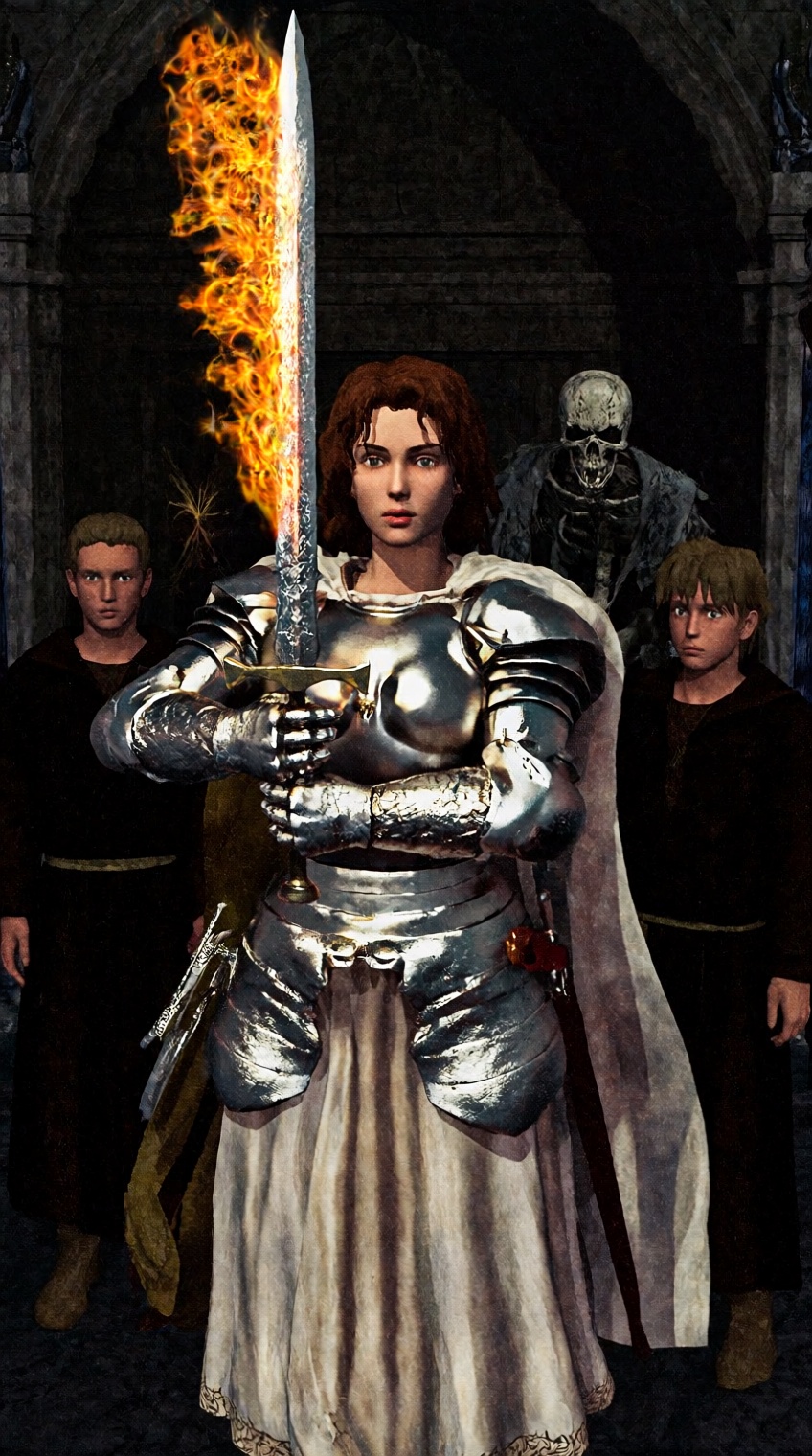 A 1990s-style 3D CGI rendering features a young woman in polished metallic armor and flowing robes,  holding a blazing swo...