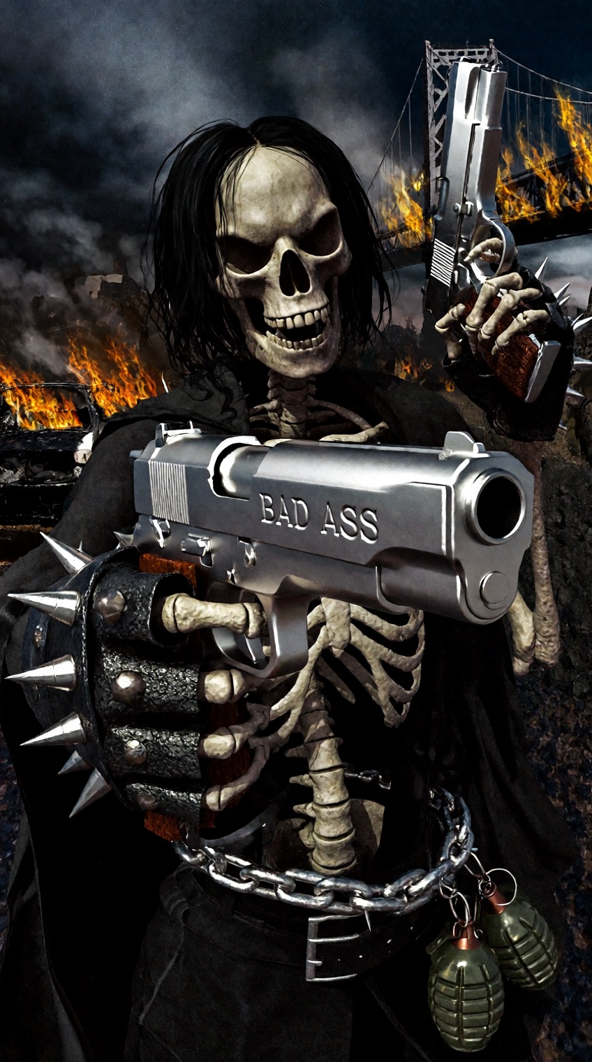A grinning skeleton with long black hair stands in a dark,  chaotic landscape. The skeleton wears a black cloak that expos...