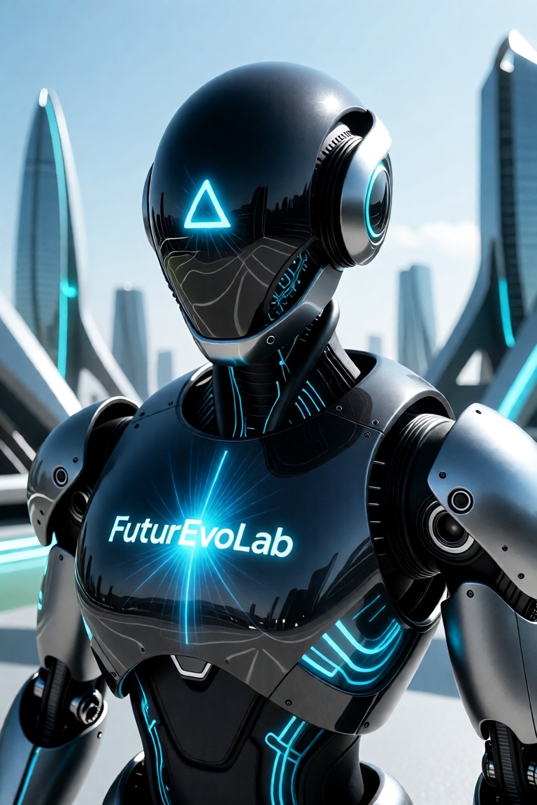 A high-tech humanoid robot with a reflective jet-black helmet shaped like a smooth,  featureless dome. A faintly glowing t...
