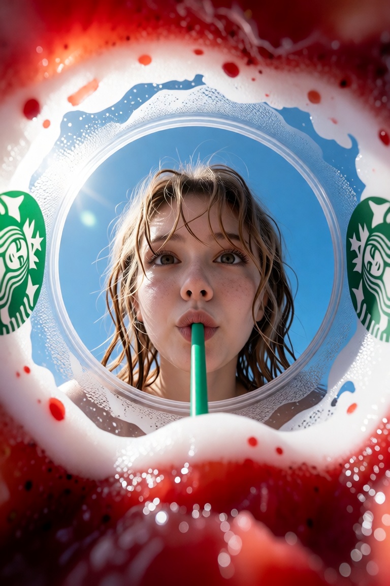 Extreme low-angle macro shot looking straight up from the bottom of a transparent Starbucks cup with thick rim forming cir...