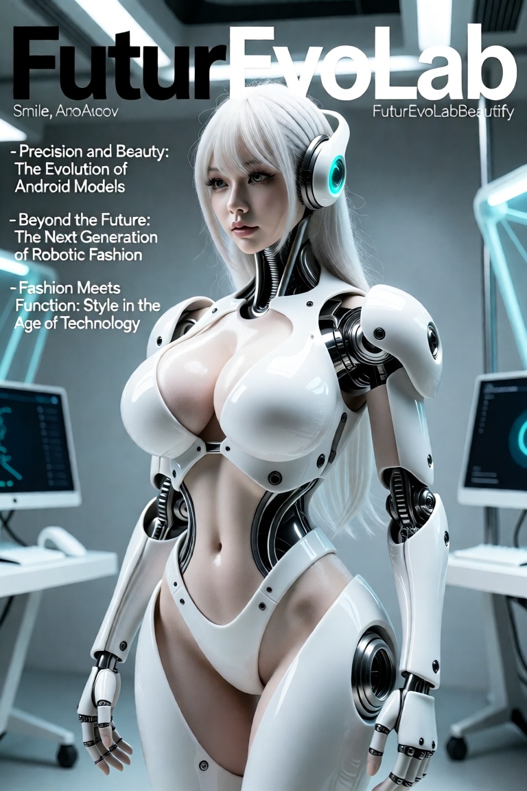 A sleek,  minimalistic magazine cover featuring a beautiful female android model in glossy,  white futuristic armor on Ten...