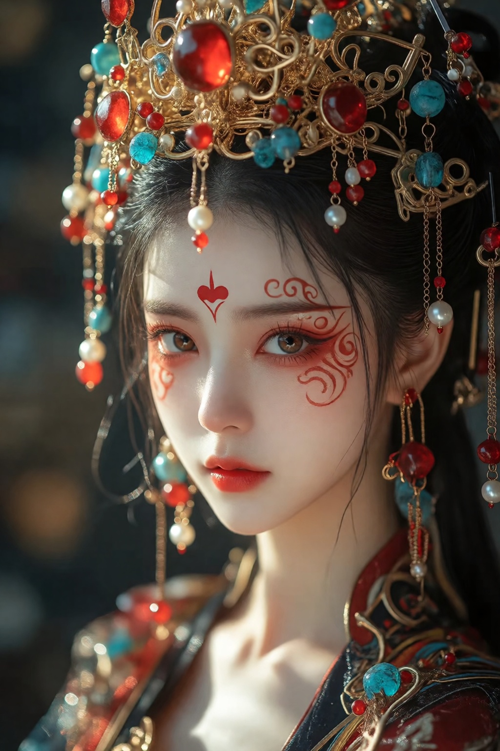 A highly detailed digital portrait captures a young woman in elaborate traditional Chinese-inspired attire. Her pale smoot...
