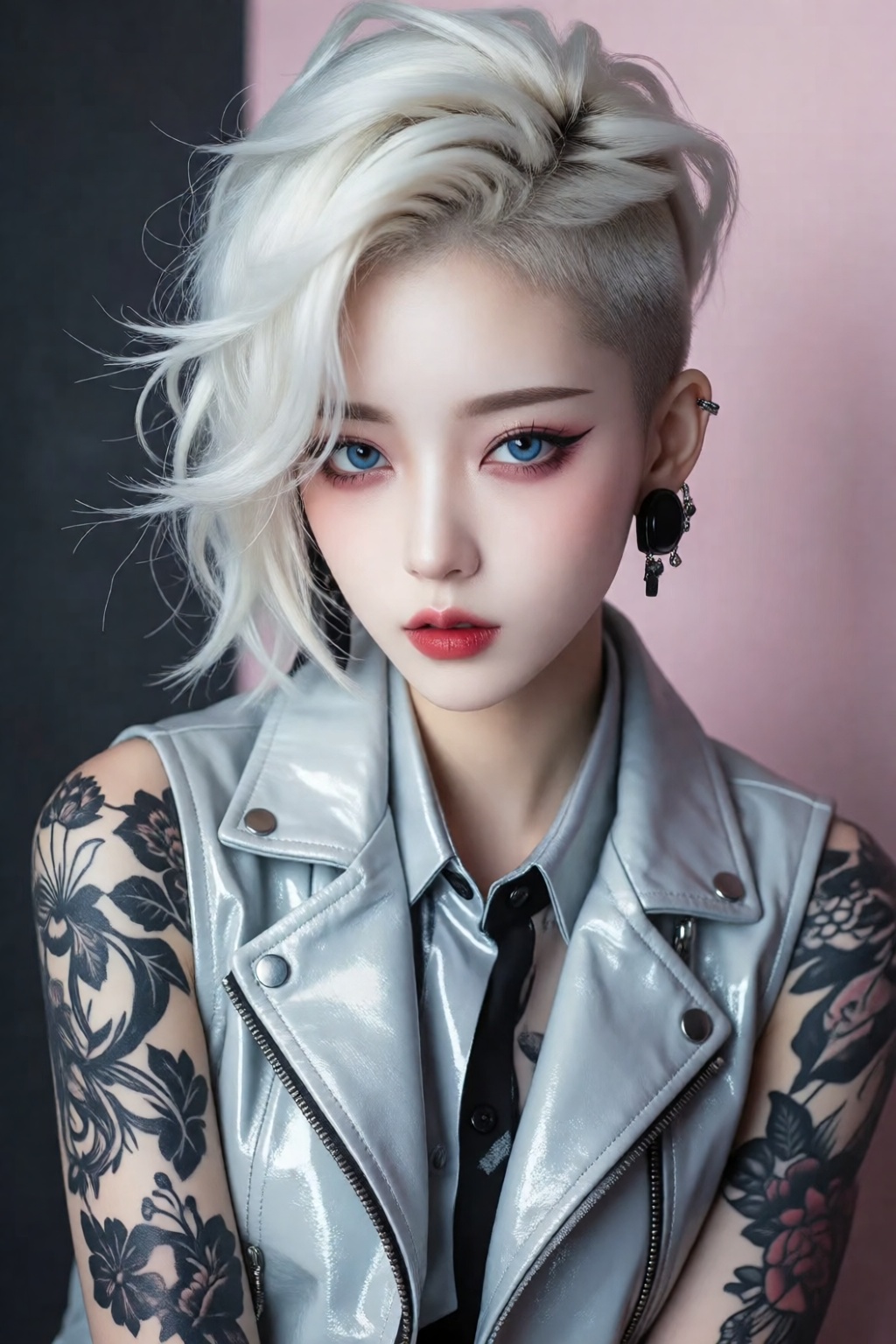 一个具有朋克/哥特美学的引人注目、前卫的金发亚洲女人的详细肖像。她有一双充满活力、明亮的蓝色眼睛,  与戏剧性、粉色眼线、光滑的粉红色口红。她的发型是一种现代的底切发型,  较长的顶部以明亮的白金金色波浪戏剧性地扫向一侧 on Tensor.Art