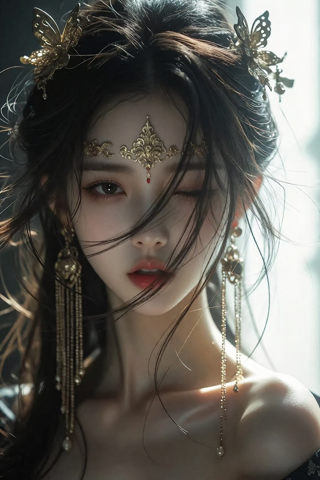 画面中,  一位女性。她深色长发飞扬,  发间缀有鎏金蝴蝶形发饰与垂坠流苏耳环 on Tensor.Art