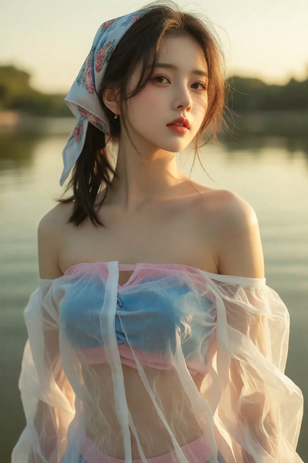 A young women is wearing a Transparent white gauze clothing,  Blue Pink strapless,  faintly visible on Tensor.Art