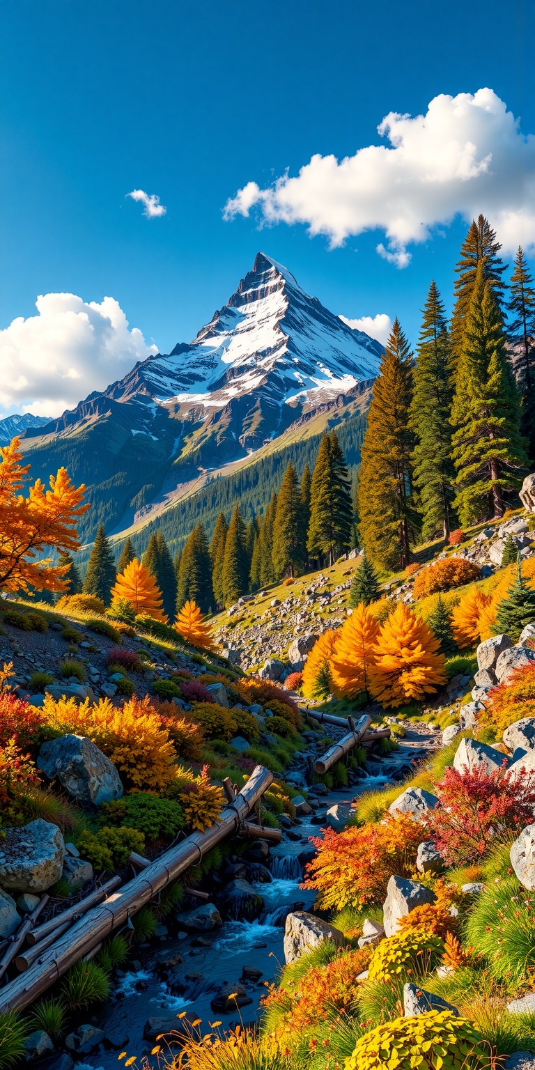 This photograph captures a stunning mountain landscape during autumn. Dominating the background is a jagged,  snow-capped...