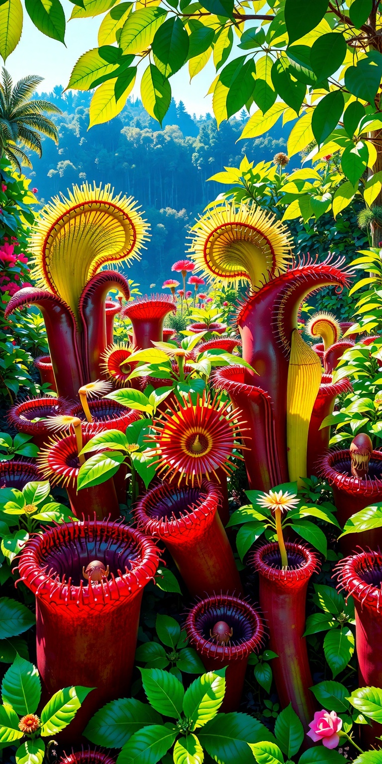 A vibrant garden filled with enormous,  colorful carnivorous plants. The scene is framed wide,  capturing lush on Tensor.Art