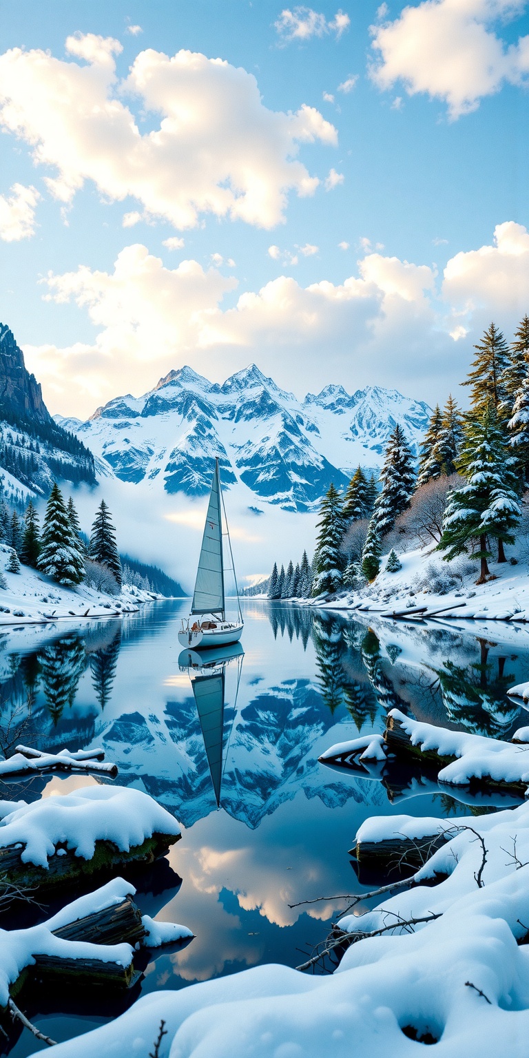 Create a stunning photograph of a lake with snow-covered winter mountains,  pristine nature blanketed in snow,  towering p...