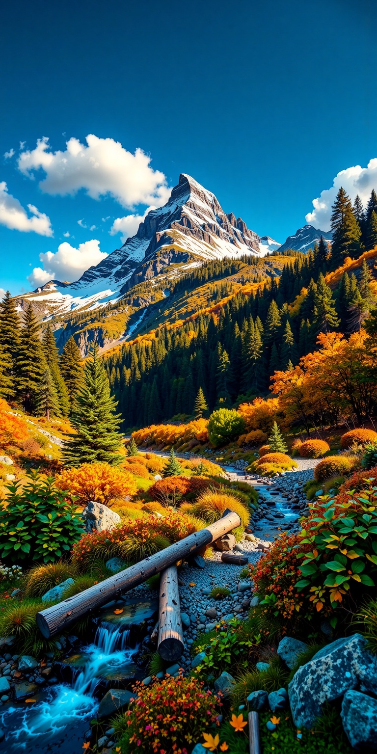 This photograph captures a stunning mountain landscape during autumn. Dominating the background is a jagged,  snow-capped...