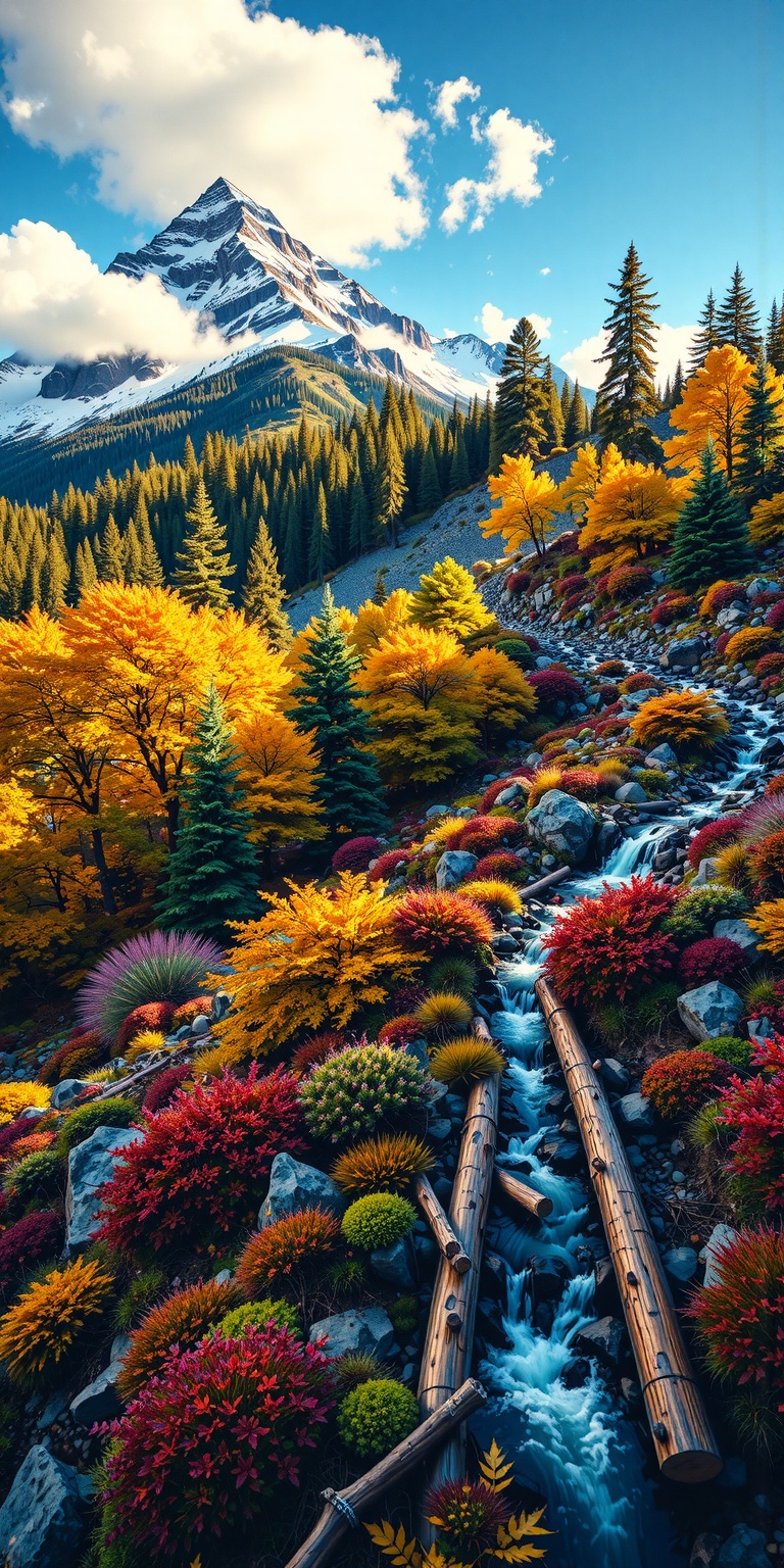 This photograph captures a stunning mountain landscape during autumn. Dominating the background is a jagged,  snow-capped...