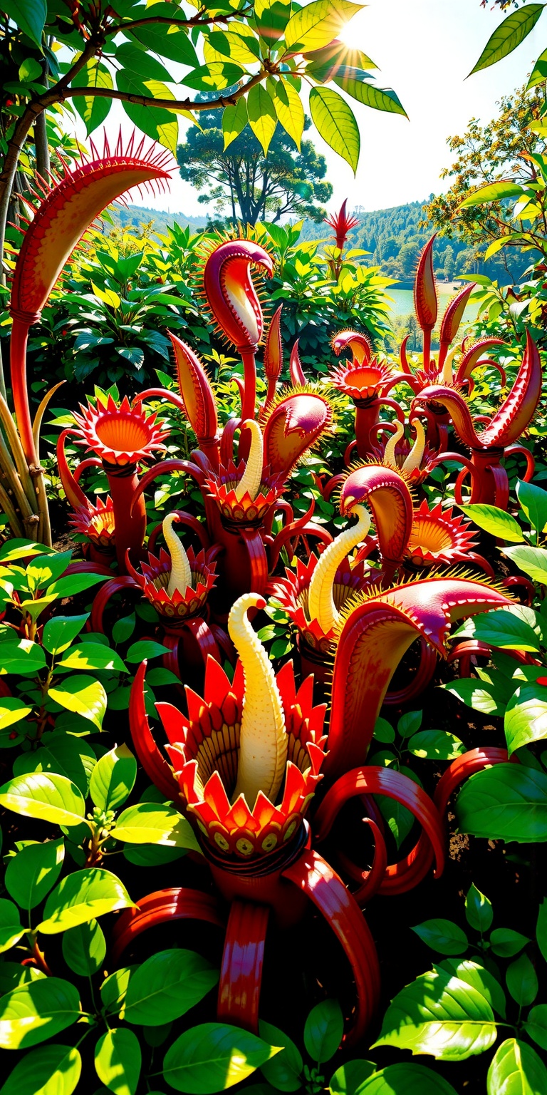 A vibrant garden filled with enormous,  colorful carnivorous plants. The scene is framed wide,  capturing lush on Tensor.Art