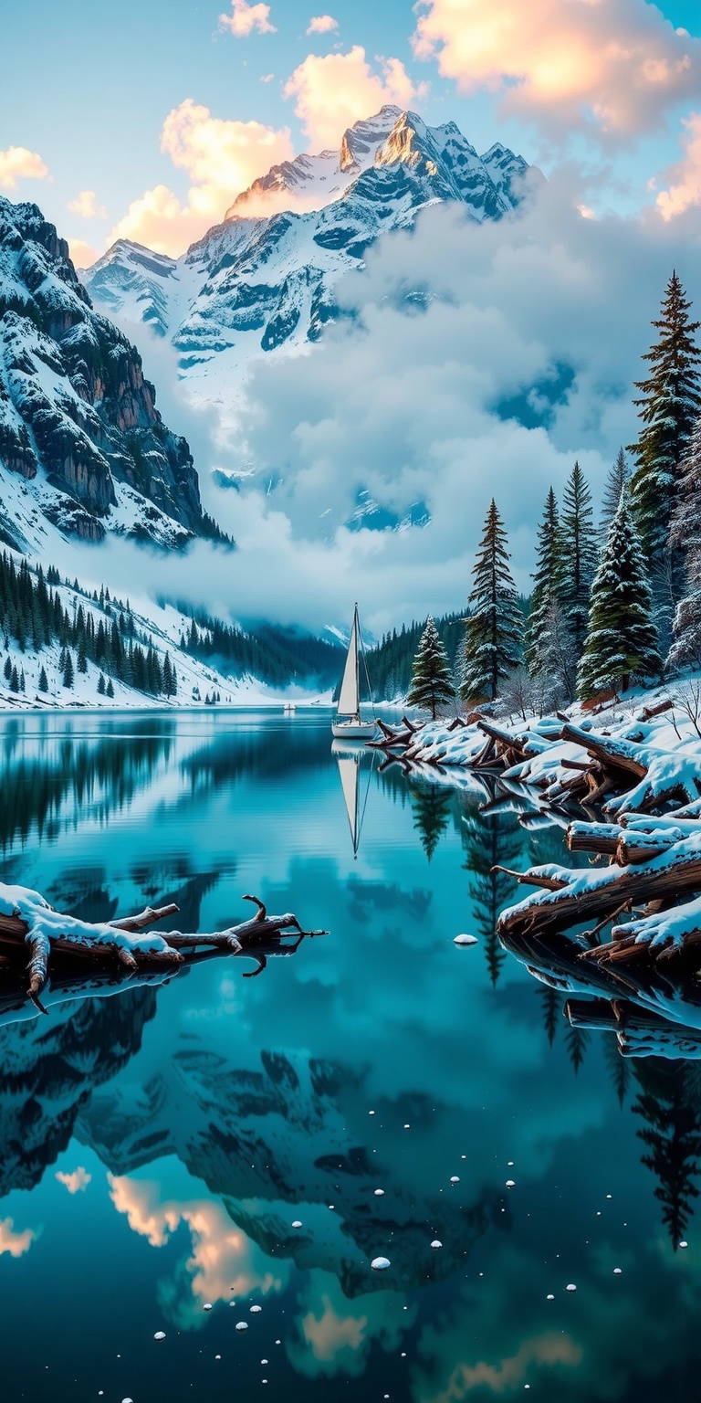 Create a stunning photograph of a lake with snow-covered winter mountains,  pristine nature blanketed in snow,  towering p...
