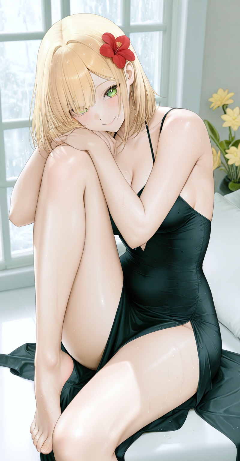 1girl solo long hair breasts looking at viewer smile bangs blonde hair hair ornament dress bare shoulders medium breasts s...
